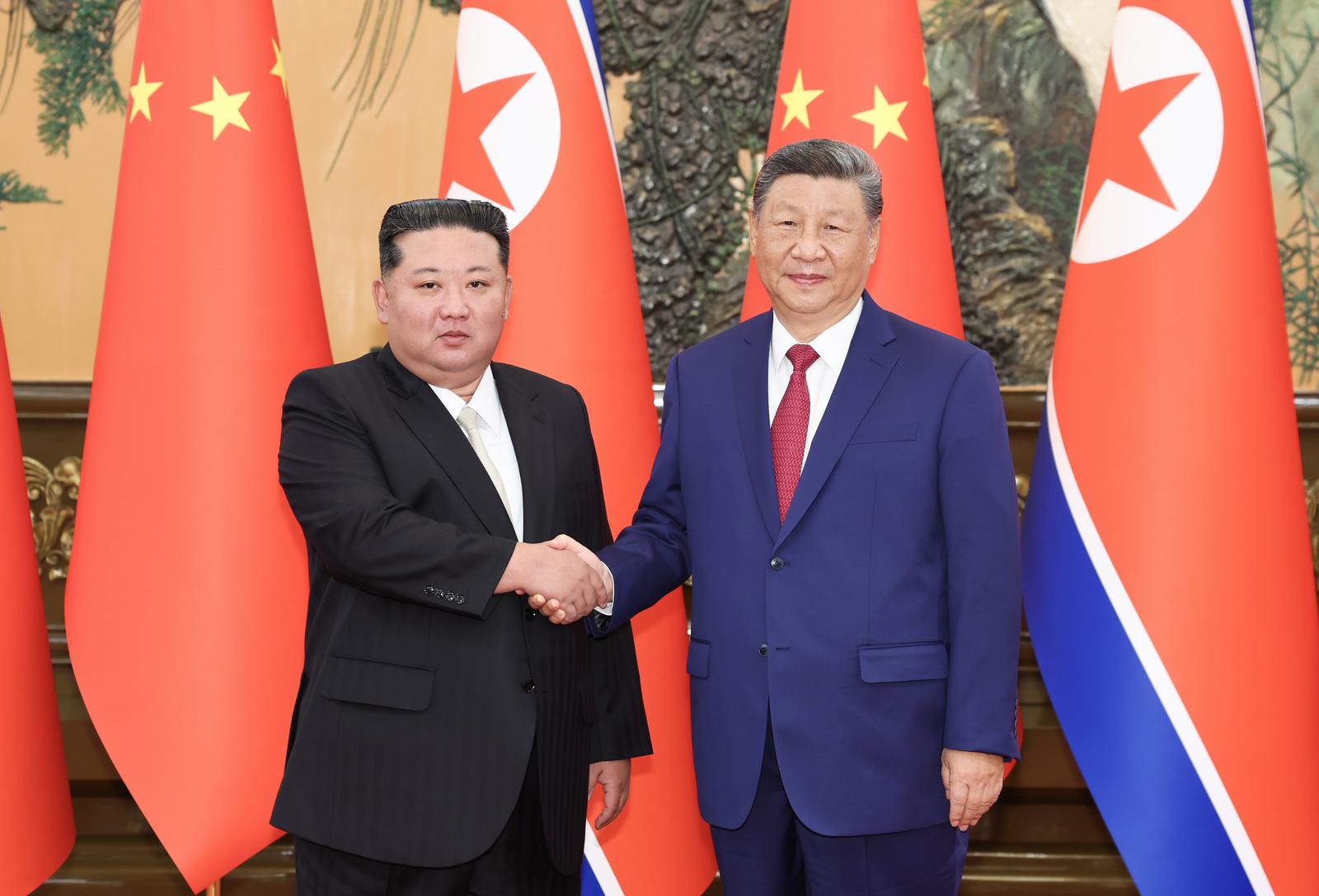(250904) -- BEIJING, Sept. 4, 2025 (Xinhua) -- Xi Jinping, general secretary of the Communist Party of China Central Committee and Chinese president, holds talks with Kim Jong Un, general secretary of the Workers' Party of Korea and president of the State Affairs of the Democratic People's Republic of Korea, at the Great Hall of the People in Beijing, capital of China, Sept. 4, 2025. Kim Jong Un is in China for commemorations marking the 80th anniversary of the victory in the Chinese People's War of Resistance against Japanese Aggression and the World Anti-Fascist War. (Xinhua/Huang Jingwen) Photo: Huang Jingwen/XINHUA
