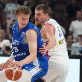 (250907) -- RIGA, Sept. 7, 2025 (Xinhua) -- Nikola Jokic (R) of Serbia vies with Lauri Markkanen of Finland during the FIBA EuroBasket 2025 Round of 16 match between Serbia and Finland in Riga, Latvia, on Sept. 6, 2025. (Photo by Edijs Palens/Xinhua) Photo: Edijs Palens/XINHUA