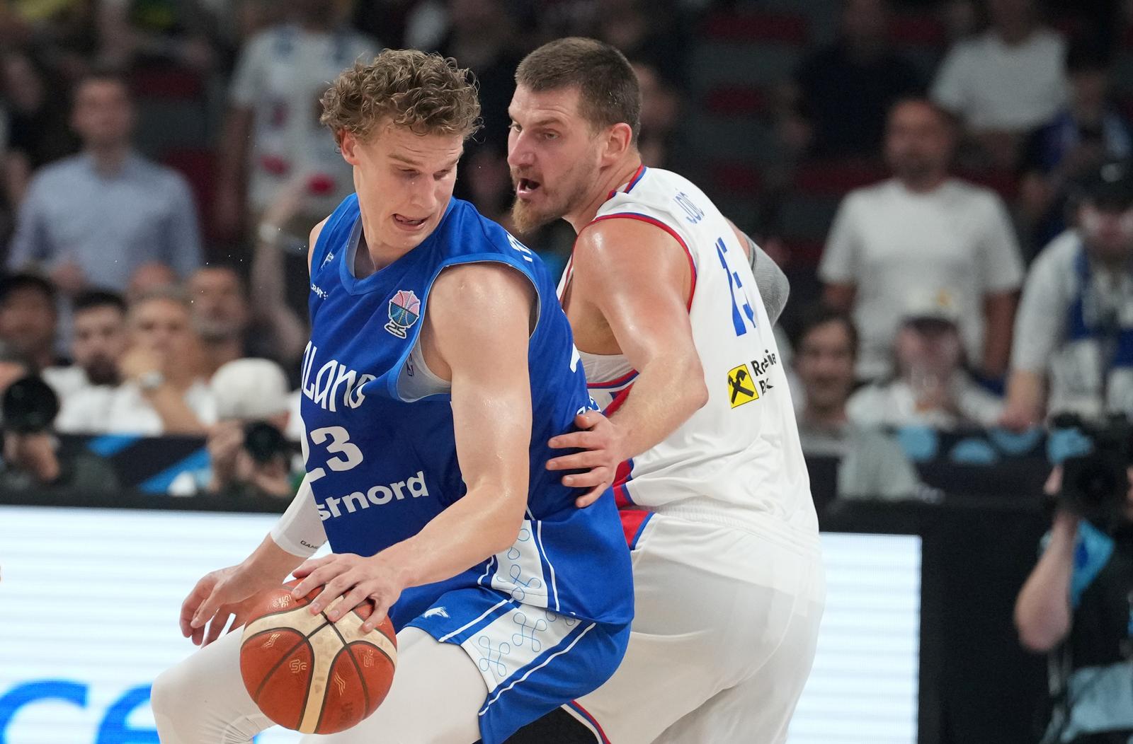 (250907) -- RIGA, Sept. 7, 2025 (Xinhua) -- Nikola Jokic (R) of Serbia vies with Lauri Markkanen of Finland during the FIBA EuroBasket 2025 Round of 16 match between Serbia and Finland in Riga, Latvia, on Sept. 6, 2025. (Photo by Edijs Palens/Xinhua) Photo: Edijs Palens/XINHUA
