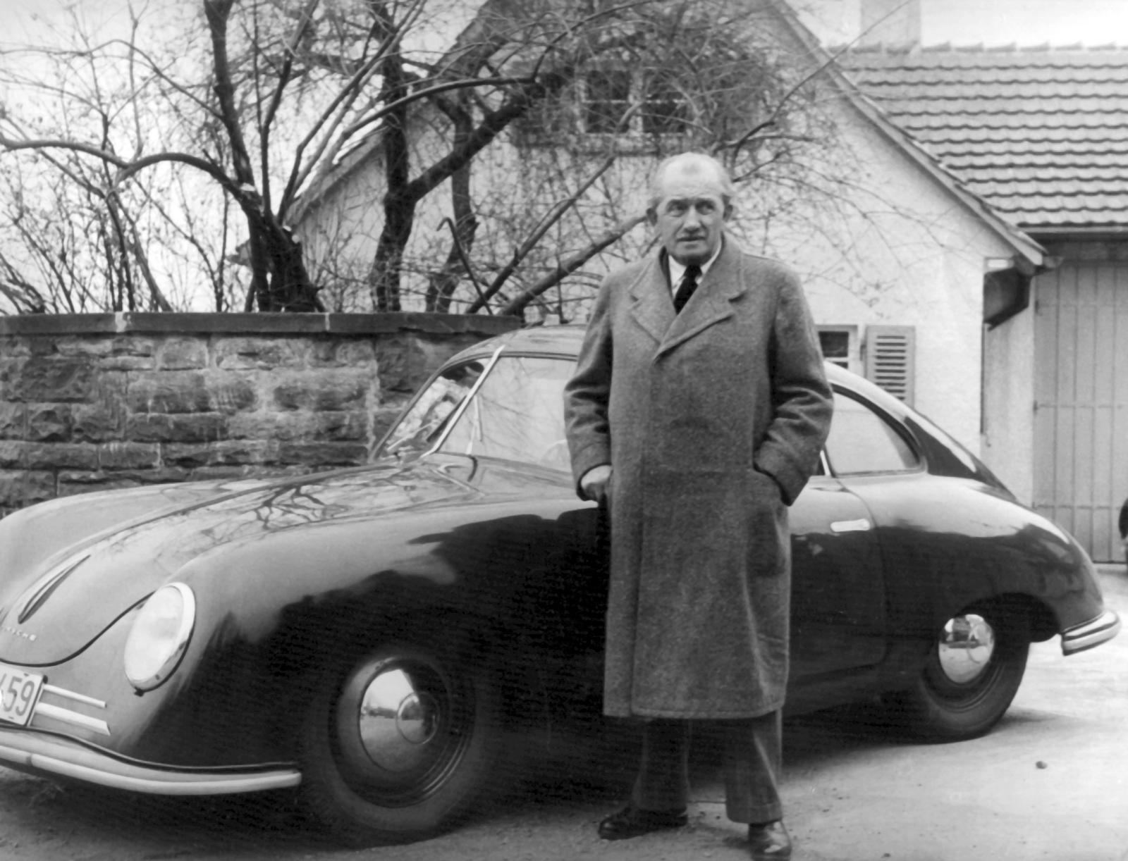 Professor Dr. Ferdinand Porsche in front of his racy Porsche before his House.  March 27th 1950