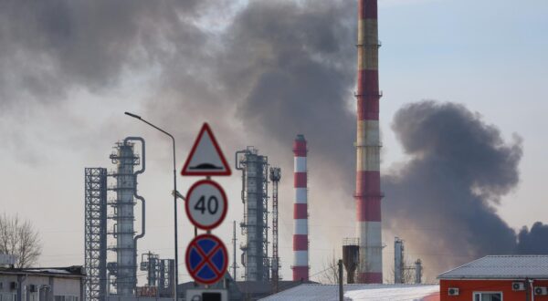 RUSSIA, RYAZAN REGION - MARCH 13, 2024: Smoke rises over an oil depot hit by fire. According to Russia's law enforcement agencies, the fire broke out presumably as a result of a drone attack. Alexander Ryumin/TASS/Sipa USA Photo: Tass/SIPA USA
