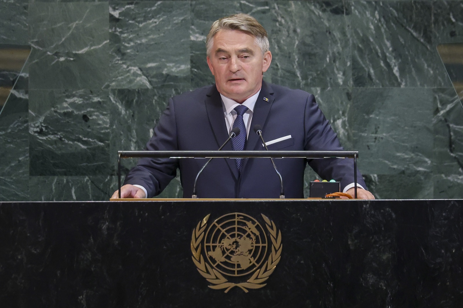 epa12405267 Croat member of the Presidency of Bosnia and Herzegovina Zeljko Komsic speaks during the General Debate of the 80th session of the United Nations General Assembly at United Nations headquarters in New York, New York, USA, 25 September 2025.  EPA/SARAH YENESEL