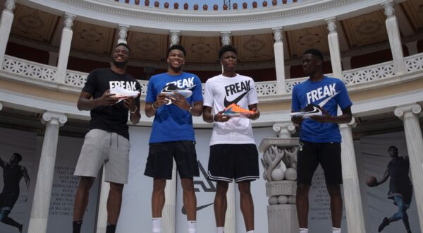 Basketball player Giannis Antetokounmpo, second left, of the Milwaukee Bucks, who was named NBA Most Valuable Player for the 2018-19 poses with his brothers Thanasis, left, Kostas,second right, and Alex, right, during the presentation of his new shoe, in Zappeion hall, Athens, on Friday, June 28, 2019. Antetokounmpo is in Greece to attend a 3x3 baseball tournament which he sponsors. (AP Photo/Petros Giannakouris) Greece Antetokounmpo