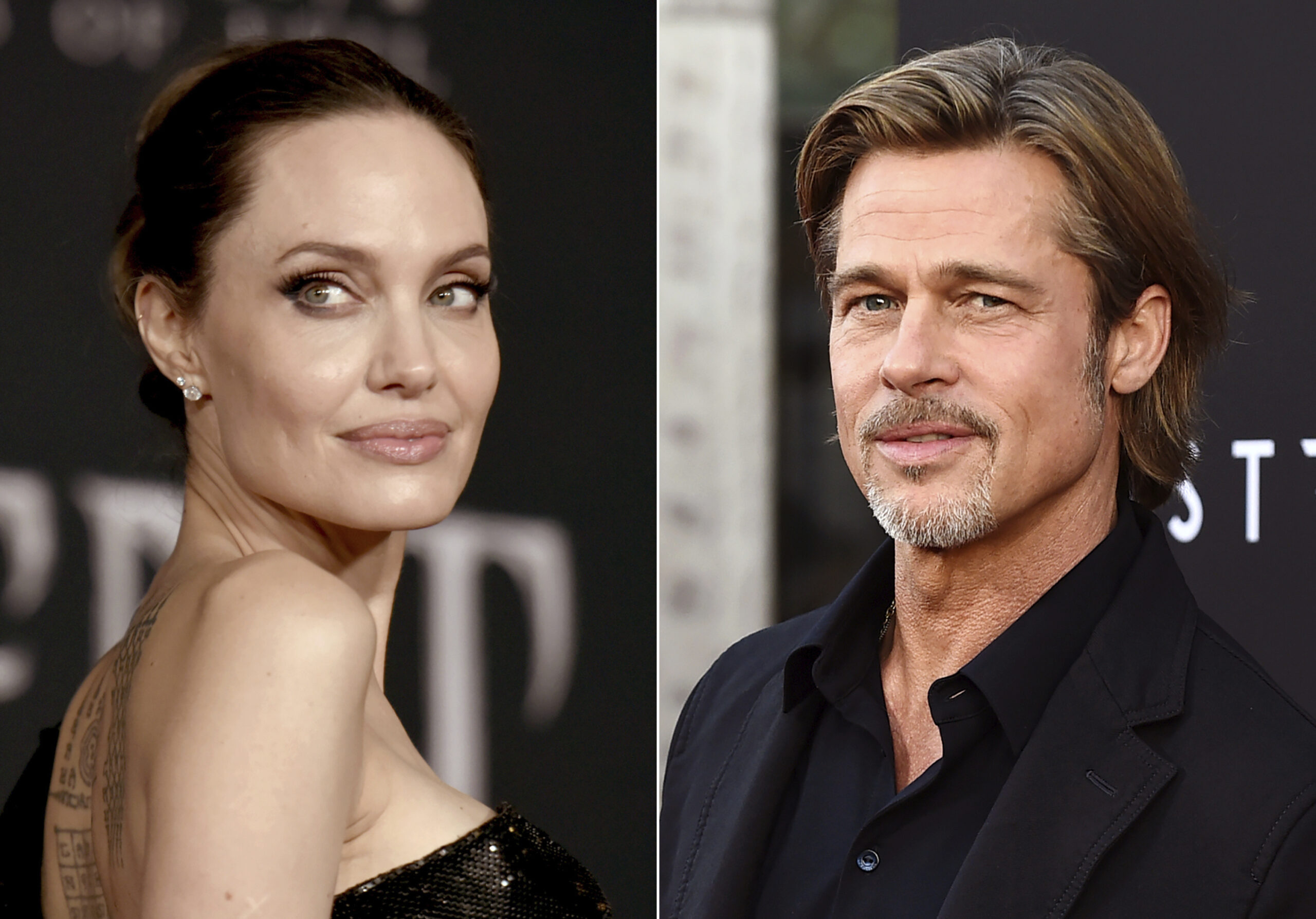 This combination photo shows Angelina Jolie at a premiere in Los Angeles on Sept. 30, 2019, left, and Brad Pitt at a special screening on Sept. 18, 2019. A new court filing from Angelina Jolie alleges that on a 2016 flight, Brad Pitt grabbed her by the head and shook her then choked one of their children and struck another when they tried to defend her. The descriptions of abuse on the private flight came in a countersuit Jolie filed Thursday in the couple’s dispute over a winery they co-owned.  (AP Photo/File)