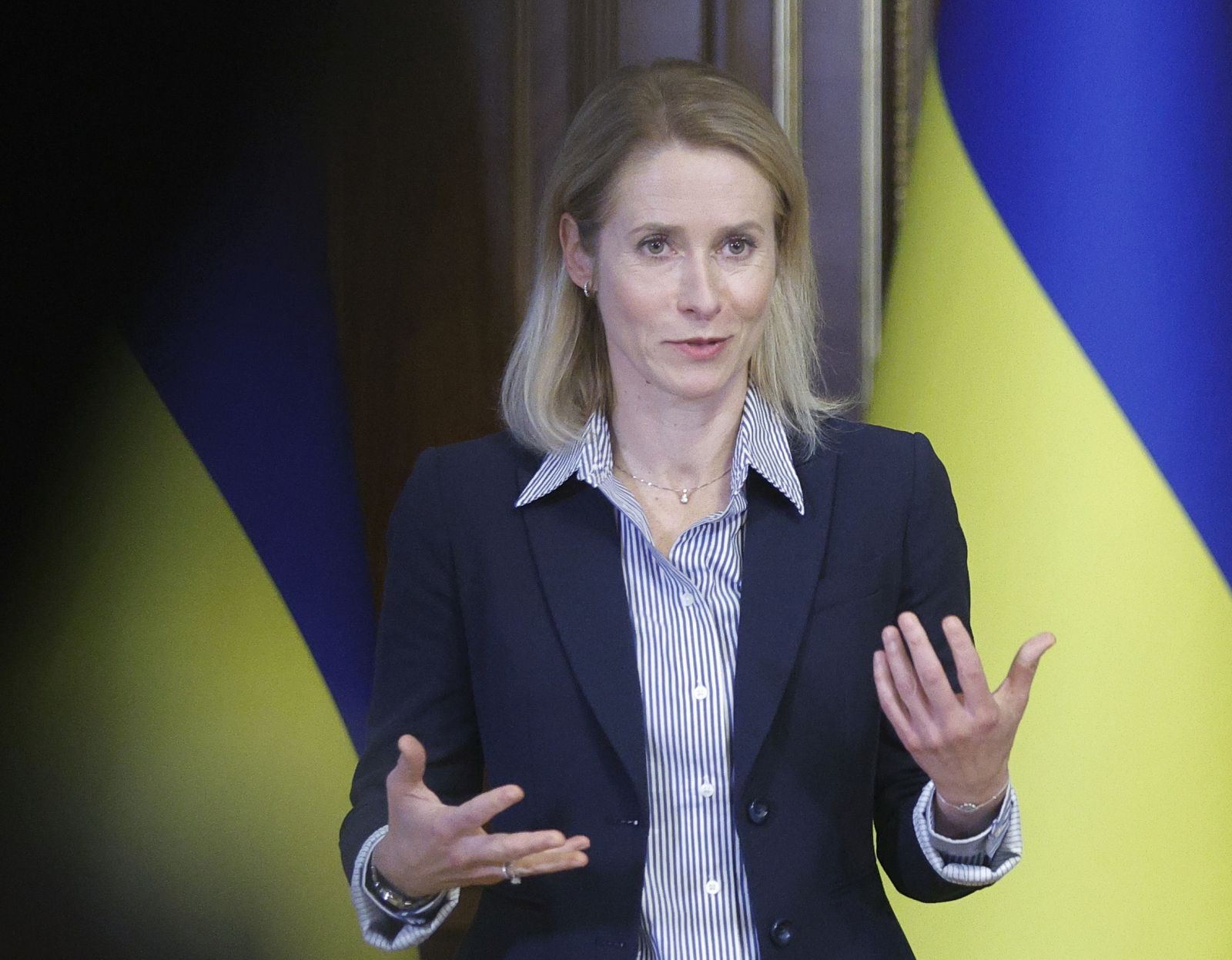 epa12451569 EU High Representative for Foreign Affairs and Security Policy Kaja Kallas addresses a joint press conference with Ukrainian President Volodymyr Zelensky (not pictured) following their meeting in Kyiv, Ukraine, 13 October 2025, amid the Russian invasion.  EPA/SERGEY DOLZHENKO