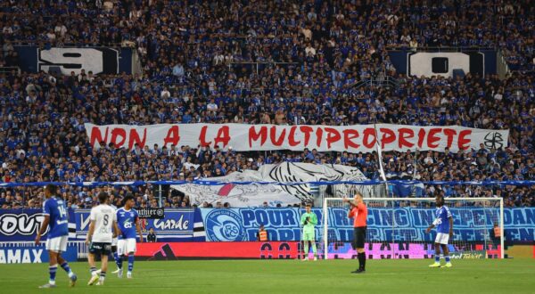 Fans of Strasbourg send a message to fffootball during the Ligue 1 McDonald's match between Strasbourg and Le Havre on May 17, 2025 at Stade de la Meinau in Strasbourg, France. (Photo by Antonin Utz/Icon Sport) Photo: Icon Sport/ICON SPORT