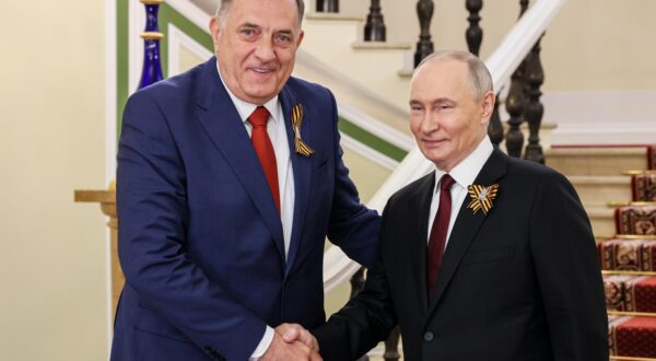 RUSSIA, MOSCOW - MAY 9, 2025: Russia's President Vladimir Putin (R) and President of Bosnia and Herzegovina's Republika Srpska Milorad Dodik shake hands during a meeting at the Moscow Kremlin before a 9 May Victory Day military parade marking the 80th anniversary of the victory over Nazi Germany in World War II.  Mikhail Metzel/Russian Presidential Press and Information Office/TASS/Sipa USA Photo: Tass/SIPA USA