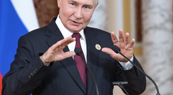 Russian President Vladimir Putin during a press conference following the meeting.
Credit: Dmitry Azarov/Kommersant Photo/Sipa USA Photo: Kommersant Photo Agency/SIPA USA