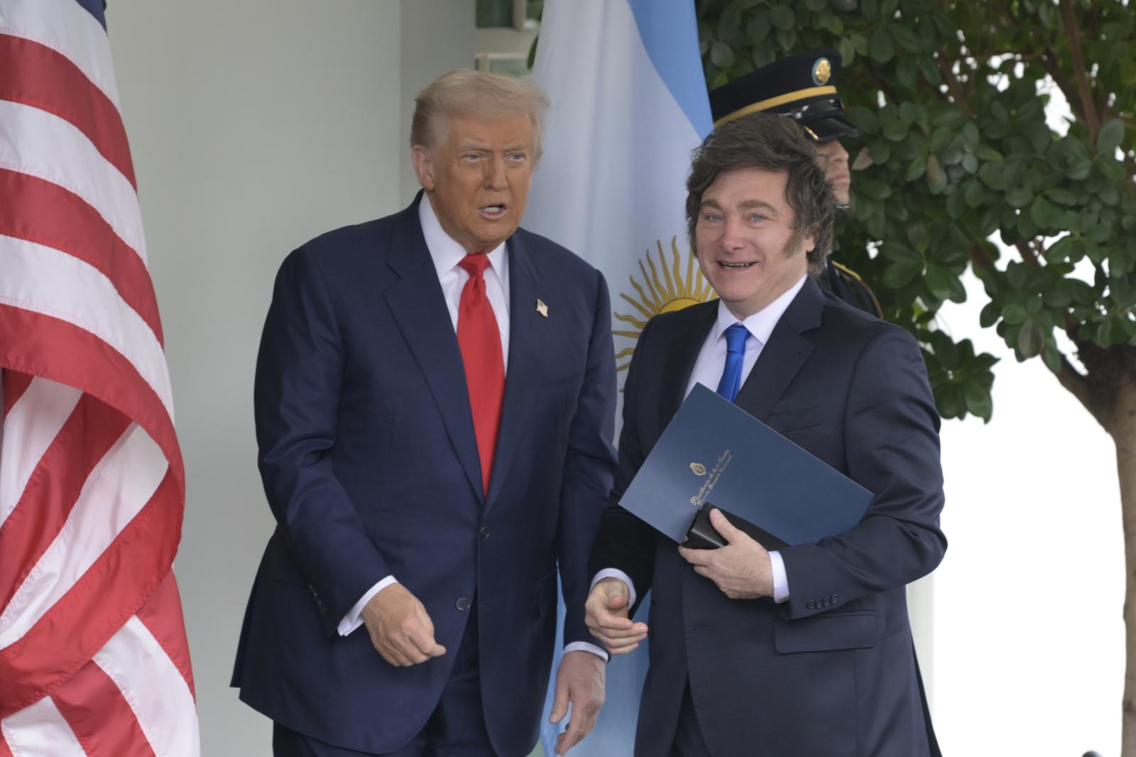 US President Donald Trump greets to Argentina President Javier Milei during the arriving, today on October 14, 2025 at West Wing Portico/White House in Washington DC, USA. (Lenin Nolly/Sipa USA) Photo: Lenin Nolly/SIPA USA