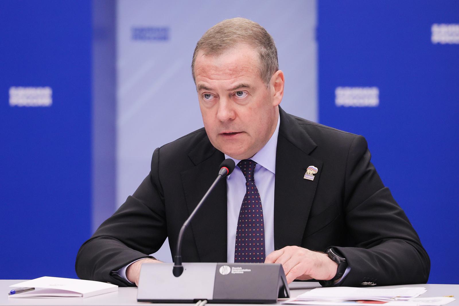RUSSIA, MOSCOW - JULY 17, 2025: Deputy Chairman of Russias Security Council, Chairman of the United Russia Party, Dmitry Medvedev is seen during a meeting of the Bureau of the United Russia Partys Supreme Council. Yekaterina Shtukina/POOL/TASS/Sipa USA Photo: Tass/SIPA USA
