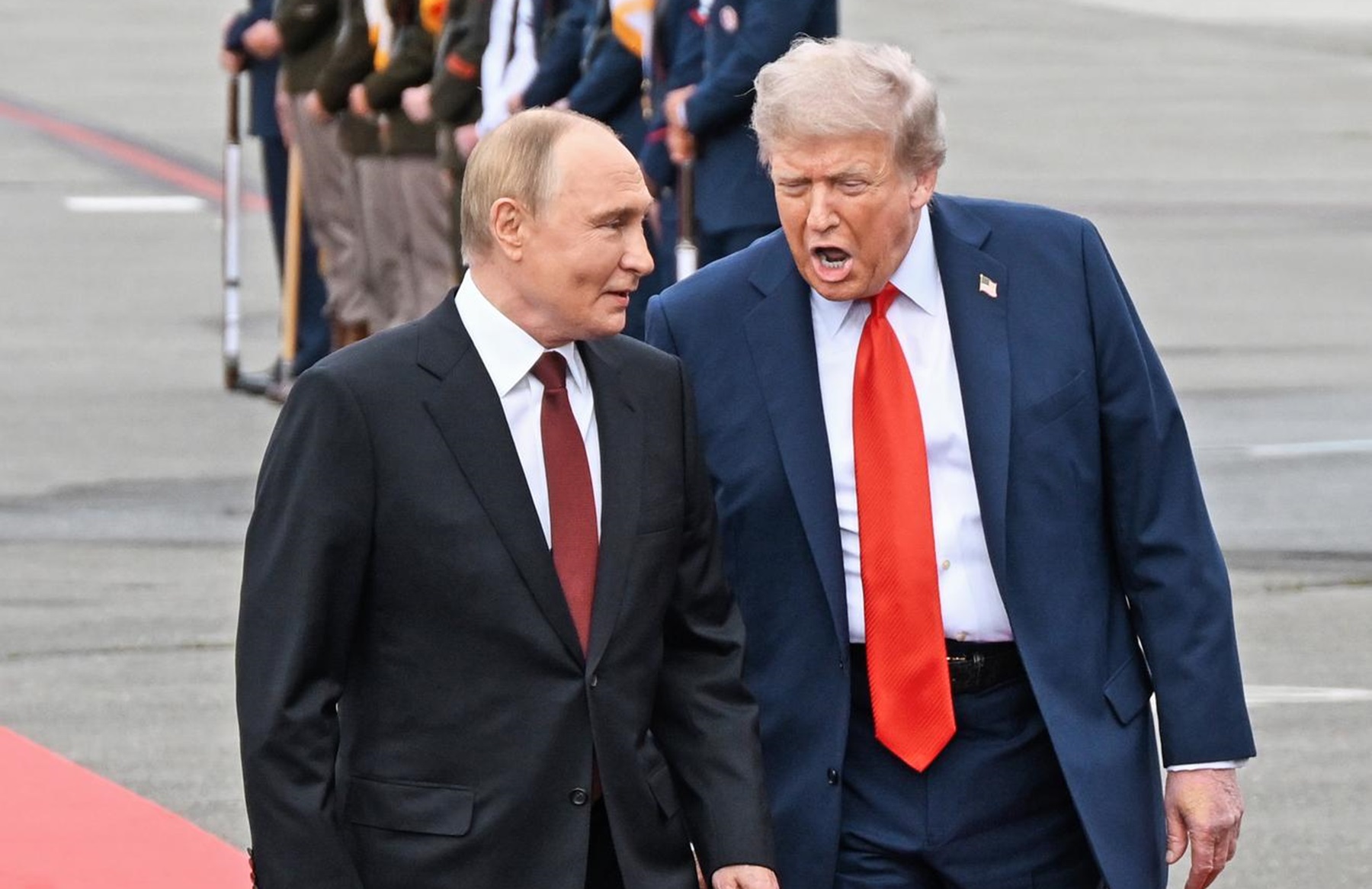 Russian President Vladimir Putin (left) and U.S. President Donald Trump (right) on the airfield at Elmendorf-Richardson Air Force Base.
Credit: Dmitry Azarov/Kommersant Photo/Sipa USA Photo: Kommersant Photo Agency/SIPA USA