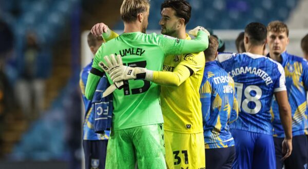 Joe Lumley of Sheffield Wednesday embraces Middlesbrough goalkeeper Sol Brynn during the Sky Bet Championship match Sheffield Wednesday vs Middlesbrough at Hillsborough, Sheffield, United Kingdom, 22nd October 2025

(Photo by Mark Cosgrove/News Images) in Sheffield, United Kingdom on 10/22/2025. (Photo by Mark Cosgrove/News Images/Sipa USA) Photo: News Images/SIPA USA