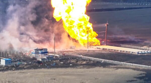 RUSSIA, KURSK REGION - MARCH 28, 2025: The Sudzha gas metering station suffers damage from an M142 HIMARS missile strike by Ukraine. Video screen grab. Best quality available. Russian Defence Ministry/TASS/Sipa USA Photo: Tass/SIPA USA