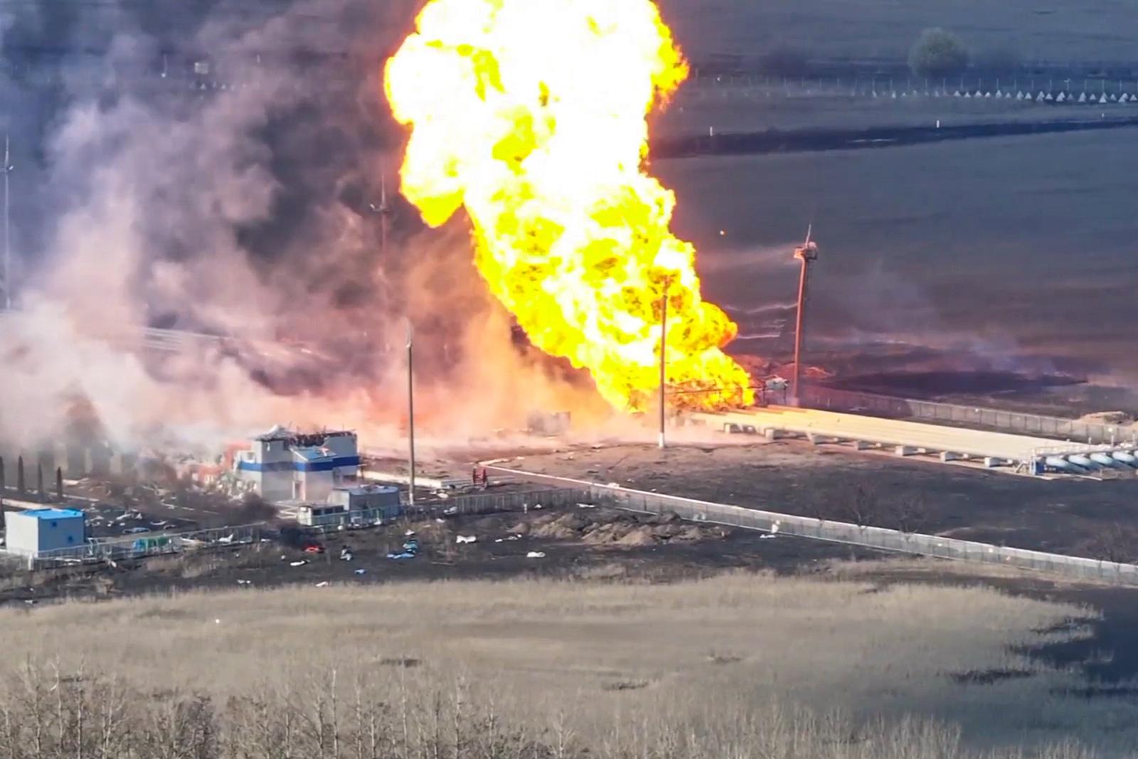 RUSSIA, KURSK REGION - MARCH 28, 2025: The Sudzha gas metering station suffers damage from an M142 HIMARS missile strike by Ukraine. Video screen grab. Best quality available. Russian Defence Ministry/TASS/Sipa USA Photo: Tass/SIPA USA