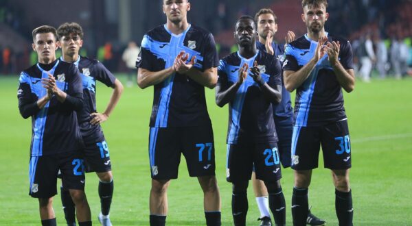 02.10.2025., Republikanski stadion Vazgena Sargsjana, Erevan, Armenija - UEFA Konferencijska liga, grupna faza, 1. kolo, FC Noah - HNK Rijeka. Tiago Dantas, Ante Matej Juric, Merveil Ndockyt i Bruno Bogojevic Photo: Hrach Khachatryan/PIXSELL