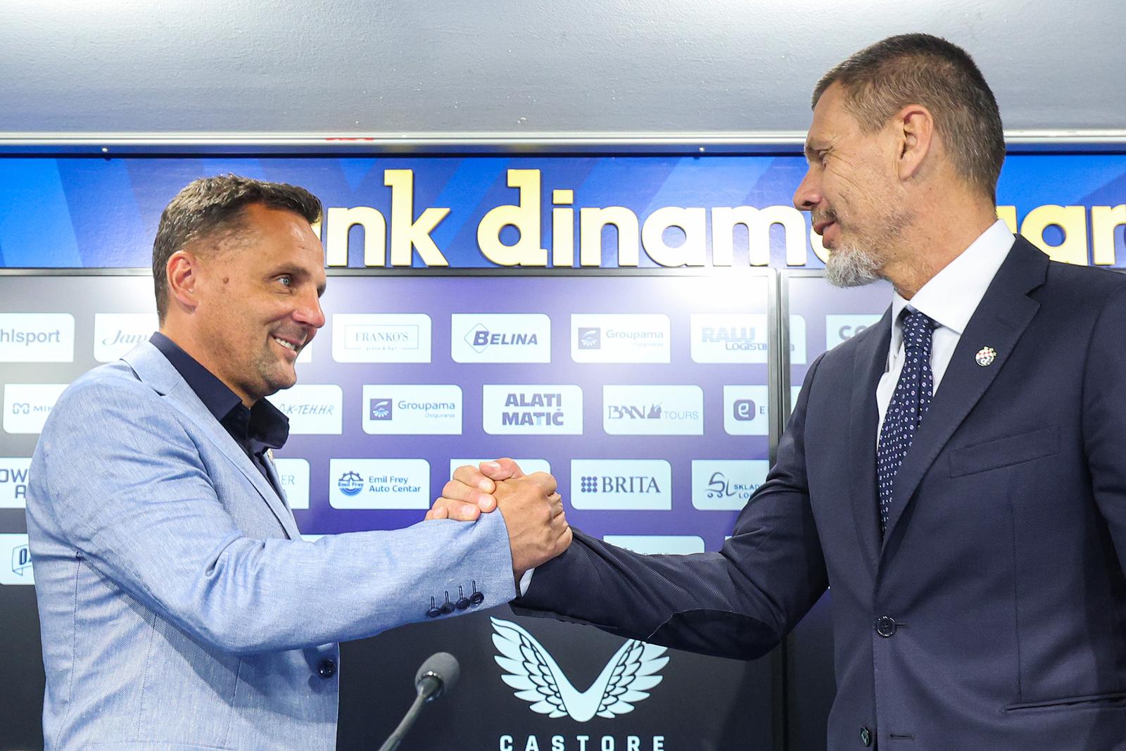 05.06.2025., stadion Maksimir, Zagreb - Konferencija za medije GNK Dinamo na kojoj je predstavljen novi trener GNK Dinamo Mario Kovacevic. Marko Bosnir, Mario Kovacevic i Zvonimir Boban. Photo: Goran Stanzl/PIXSELL