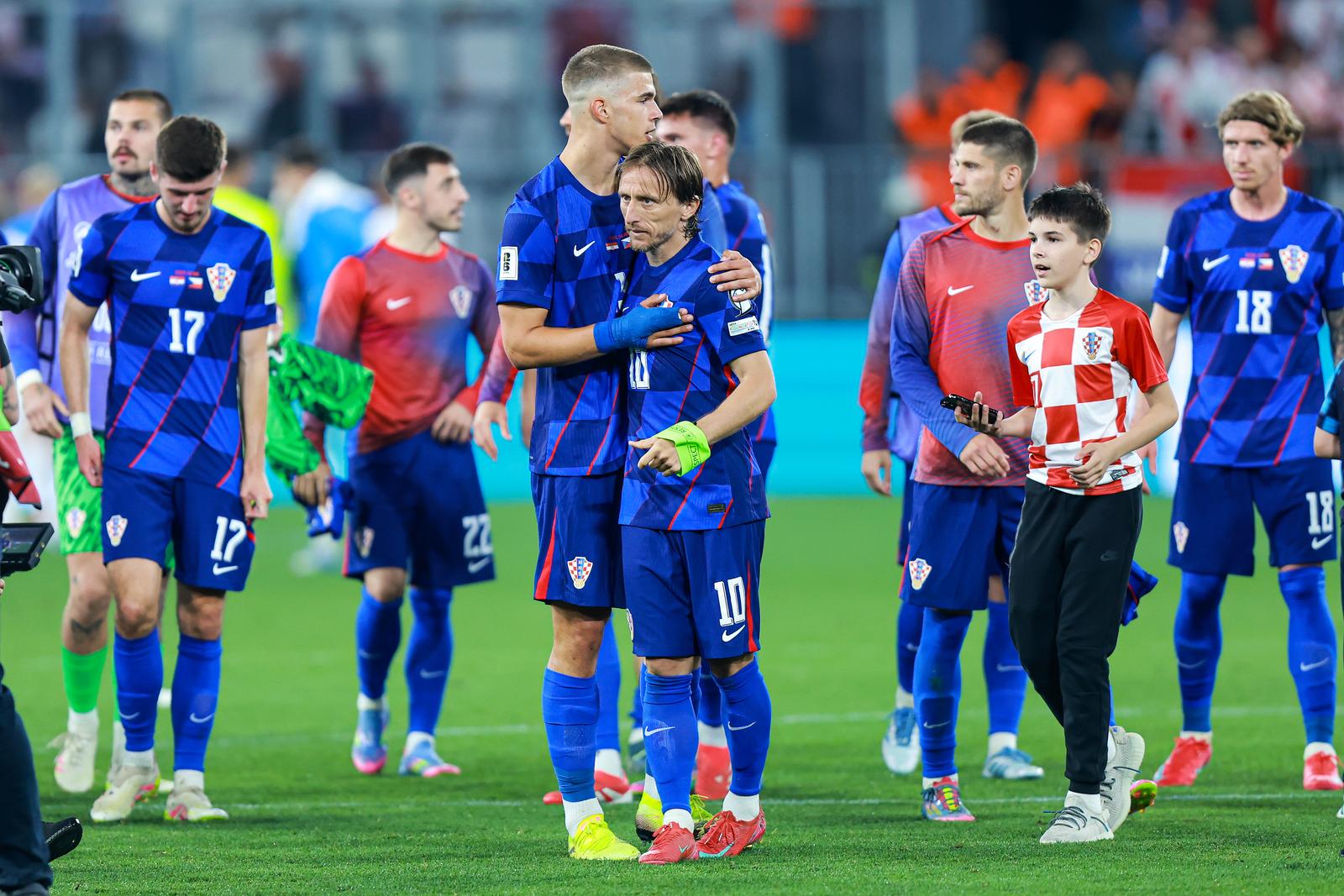 09.06.2025., Opus Arena, Osijek - Kvalifikacije za FIFA Svjetsko nogometno prvenstvo 2026., skupina L, Hrvatska - Ceska. Luka Vuskovic, Luka Modric, Nikola Moro, Andrej Kramari? Photo: Davor Javorovic/PIXSELL