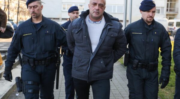 23.01.2020., Karlovac - Leon Lucic tijekom privodjenja u karlovacki zupanijski DORH, vrijedjao je i pljuvao po okupljenim novinarima. Photo: Kristina Stedul Fabac/PIXSELL