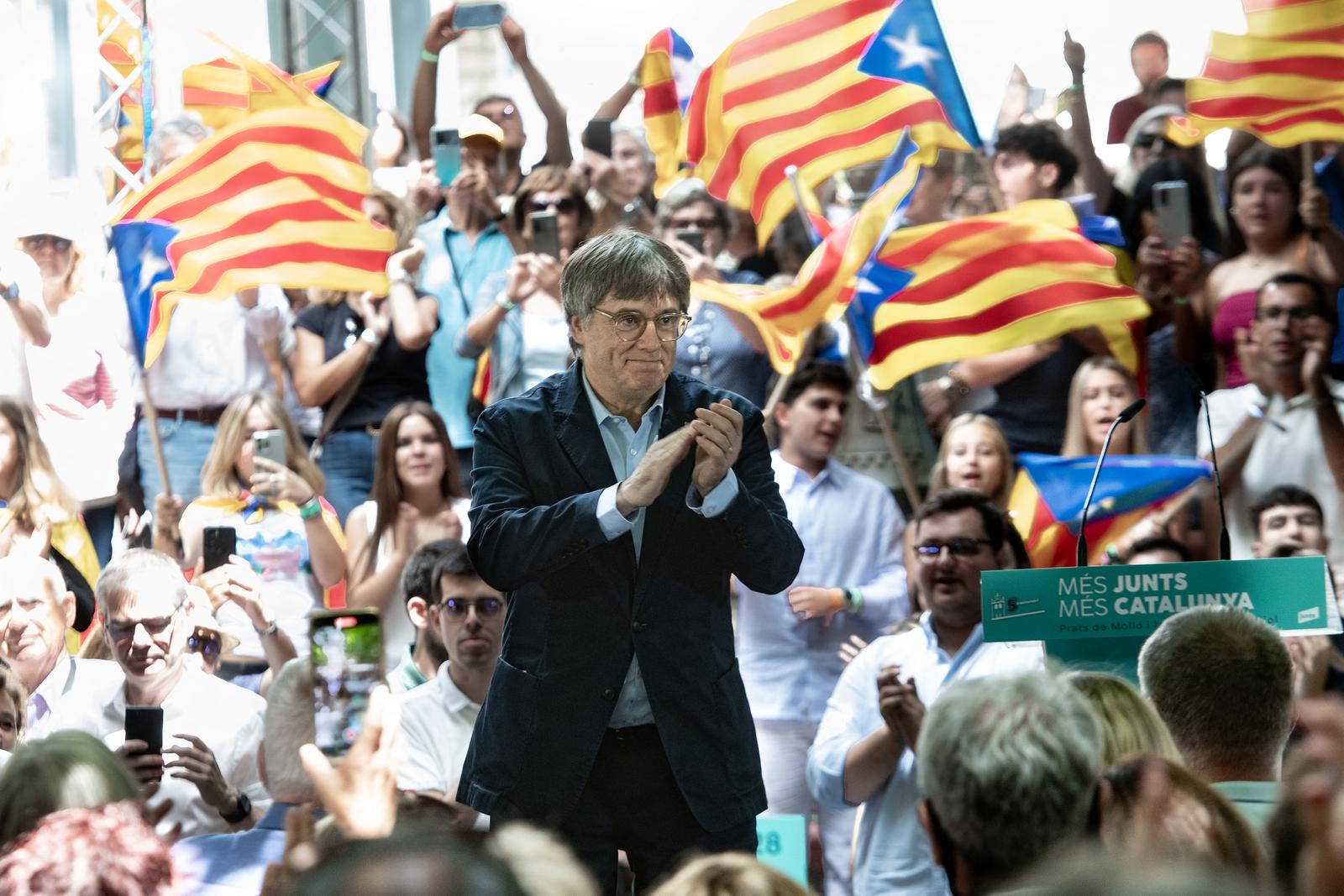 The president of Junts, Carles Puigdemont (c), during the celebration of the 5th anniversary of Junts, at the Plaça Firal de Prats-de-Mollo-la-Preste, on July 27, 2025, in Prats-de-Mollo-la-Preste (France). The event marks five years since the founding of Junts, held on July 25, 2020, following its break with the defunct PDeCAT. The event takes on a symbolic meaning for the formation and for Catalan independence, since Prats-de-Mollo-la-Preste is a historical enclave related to the Catalan political exile. Photo by Gloria Sánchez/Europa Press/ABACAPRESS.COM Photo: Europa Press/ABACA/ABACA