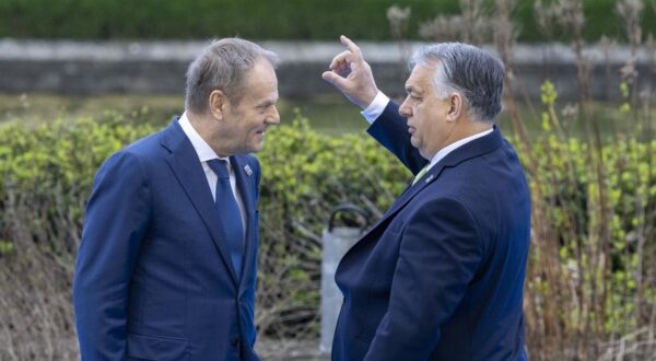 Polish Prime minister Donald Tusk and Prime Minister of Hungary Viktor Orban pictured during the European council summit, Thursday 21 March 2024 in Brussels. BELGA PHOTO NICOLAS MAETERLINCK Photo: NICOLAS MAETERLINCK/BELGA