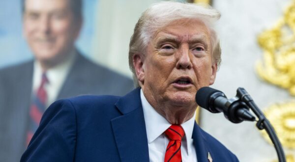 United States President Donald J Trump responds to a question from the news media following the announcement of a drug pricing deal during a press conference in the Oval Office of the White House in Washington, DC, USA, 10 October 2025. The deal, made with AstraZeneca CEO Pascal Soriot, includes deep price cuts for the Medicaid health plans and discounted prices through the TrumpRx website opening next year. Credit: Shawn Thew / Pool via CNP