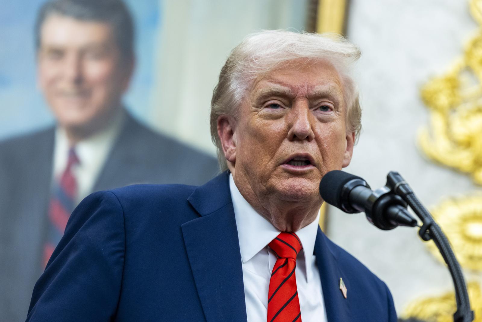 United States President Donald J Trump responds to a question from the news media following the announcement of a drug pricing deal during a press conference in the Oval Office of the White House in Washington, DC, USA, 10 October 2025. The deal, made with AstraZeneca CEO Pascal Soriot, includes deep price cuts for the Medicaid health plans and discounted prices through the TrumpRx website opening next year. Credit: Shawn Thew / Pool via CNP