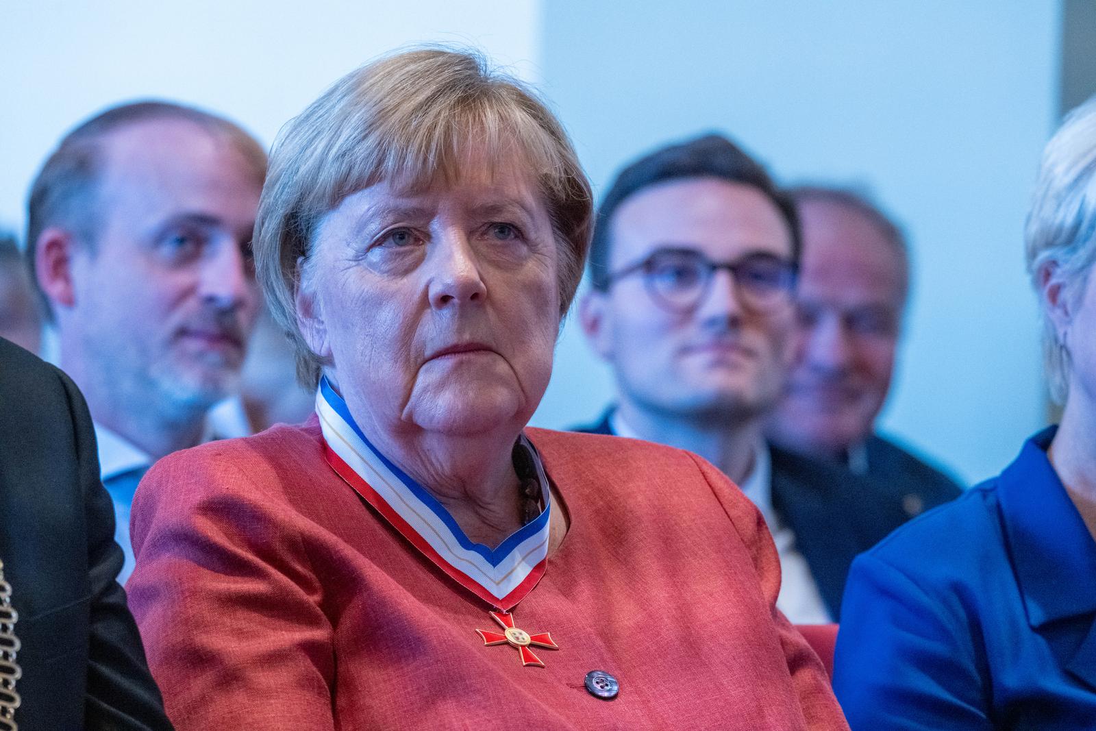 29 September 2025, Mecklenburg-Western Pomerania, Stralsund: Angela Merkel (CDU), former Federal Chancellor, sits in the town hall after receiving the Order of Merit of the Federal State of Mecklenburg-Vorpommern. Town Hall. Photo: Stefan Sauer/dpa Photo: Stefan Sauer/DPA