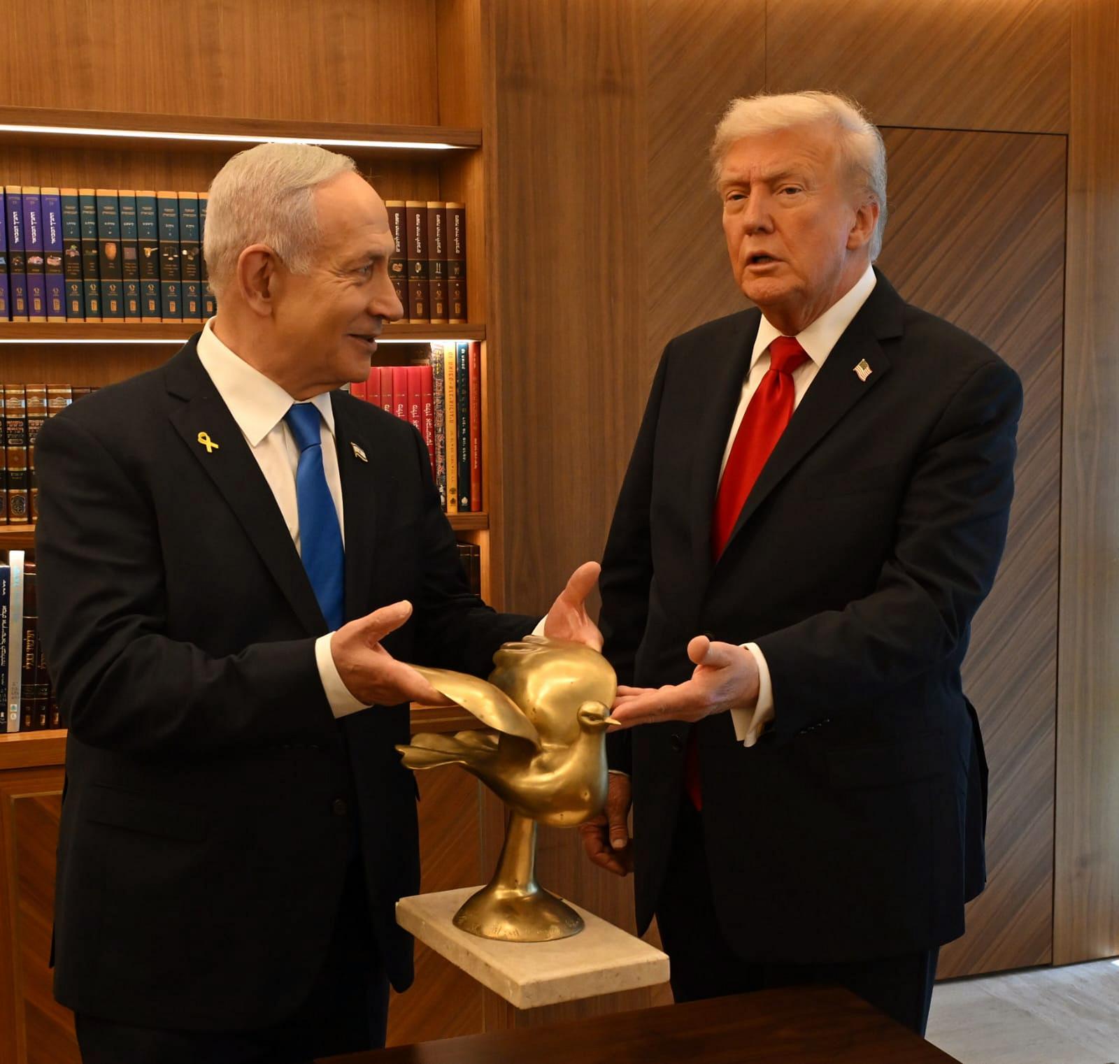 US President Donald Trump meets with Israeli Prime Minister Benjamin Netanyahu in Jerusalem on Monday, October 13, 2025, prior to delivering an address to the Knesset. President Trump is in the region to celebrate the release of the remaining hostages before convening a peace conference in Egypt. Photo via Israel GPO/UPI Photo via Newscom Photo: ISRAEL GPO/NEWSCOM