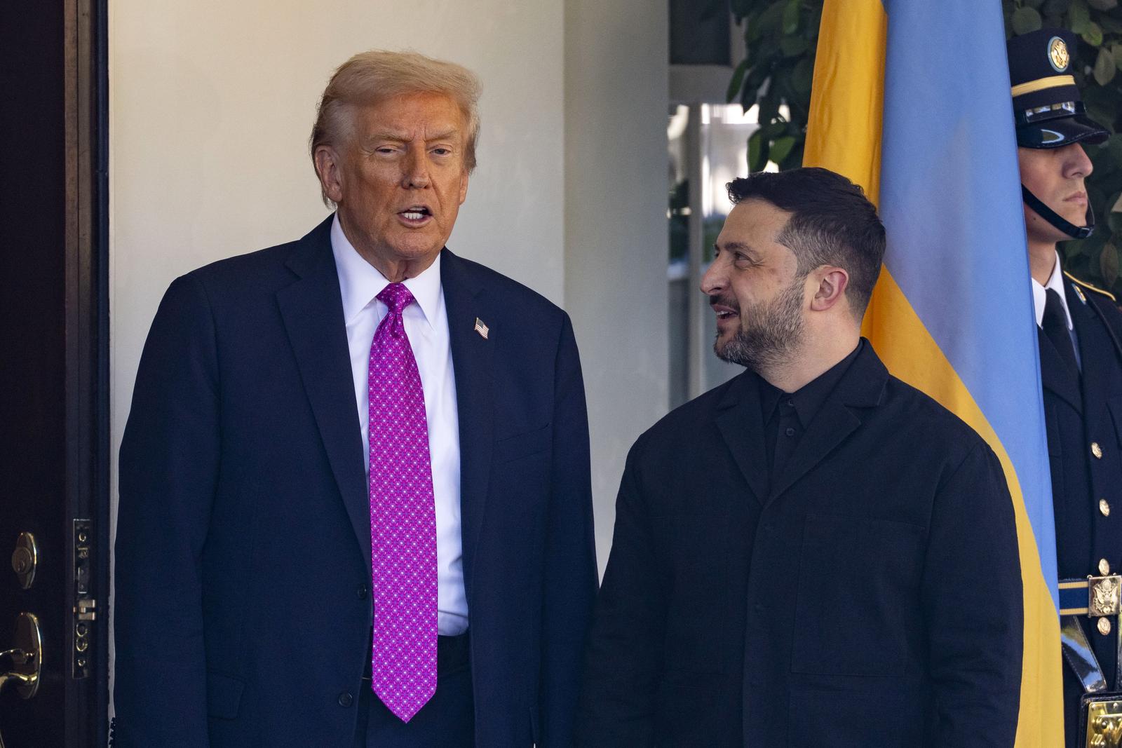 President Donald Trump greets President of Ukraine Volodymyr Zelenskyy outside the West Wing of the White House in Washington, DC on Friday, October 17, 2025. Trump is considering arming Kyiv with long-range Tomahawk missiles capable of hitting targets inside Russian territory. Photo by Bonnie Cash/UPI Photo via Newscom Photo: BONNIE CASH/NEWSCOM