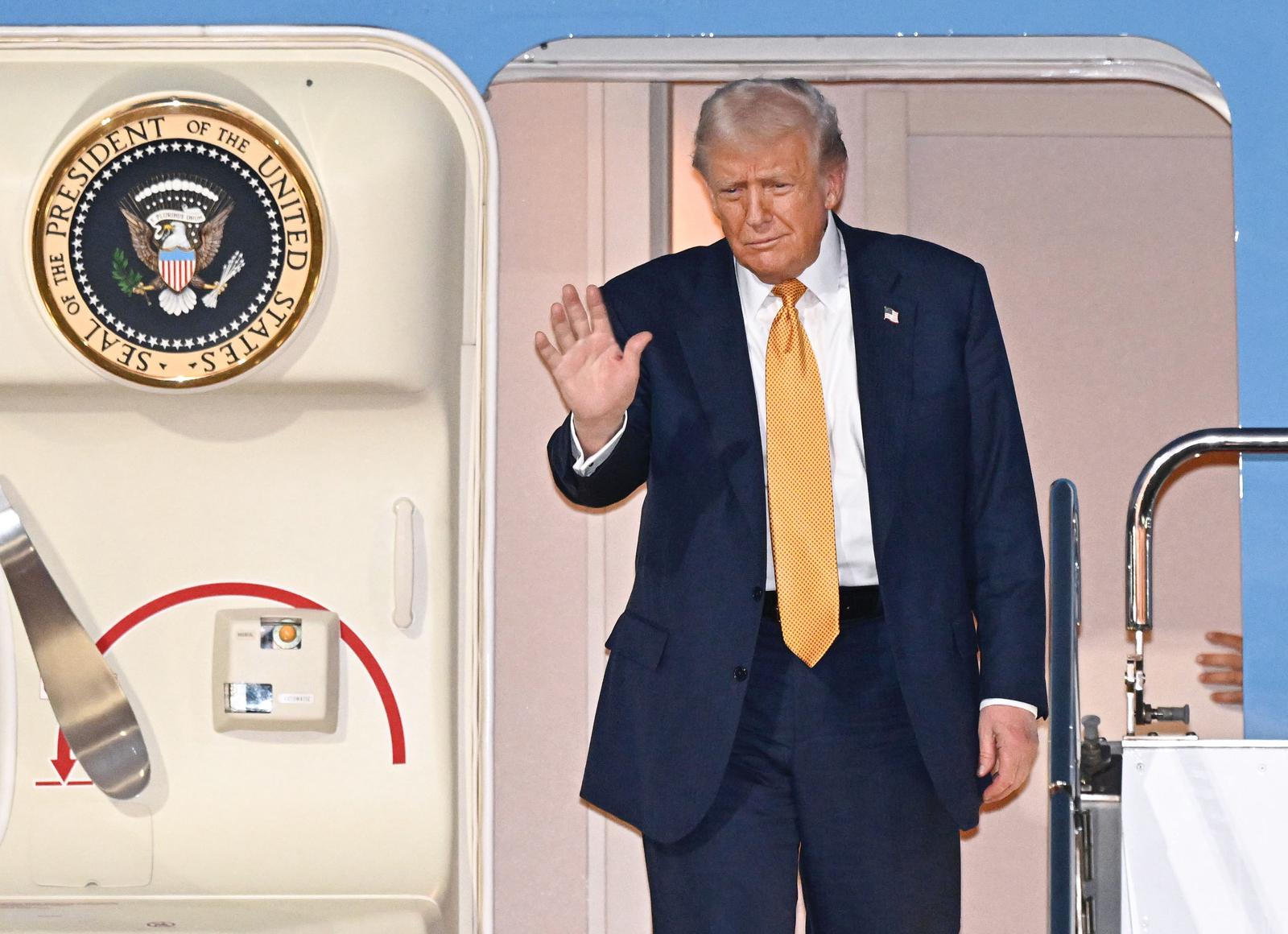 U.S. President Donald Trump arrives at Tokyo's Haneda airport on Oct. 27, 2025, visiting Japan on the second leg of his nearly weeklong, three-nation trip to Asia, which began in Malaysia. (Pool photo) (Kyodo) ==Kyodo  Photo via Newscom
