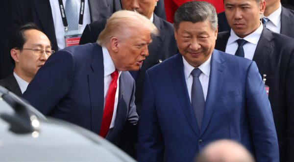 U.S.-China summit talks U.S. President Donald Trump (L) talks with Chinese President Xi Jinping following their talks at the Naraemaru reception hall inside an Air Force base in the southeastern city of Busan on Oct. 30, 2025. (Yonhap)/2025-10-30 13:30:29/   Photo via Newscom Photo: Yonhap News/NEWSCOM