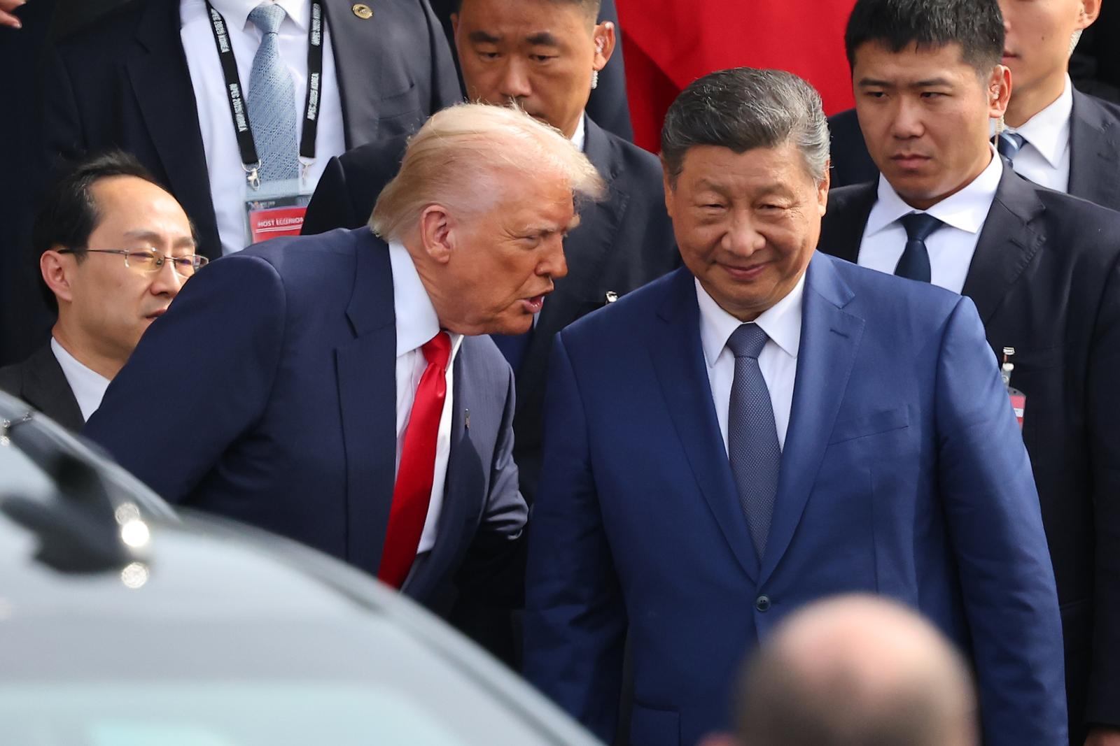 U.S.-China summit talks U.S. President Donald Trump (L) talks with Chinese President Xi Jinping following their talks at the Naraemaru reception hall inside an Air Force base in the southeastern city of Busan on Oct. 30, 2025. (Yonhap)/2025-10-30 13:30:29/   Photo via Newscom Photo: Yonhap News/NEWSCOM