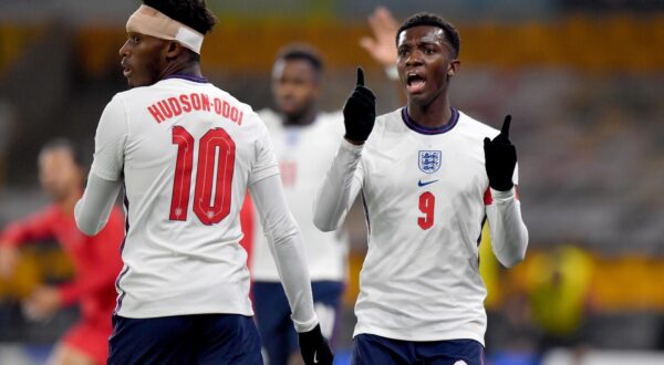England U21 v Turkey U21 - UEFA Euro 2021 Under-21 Qualifying - Group 3 - Molineux England?s Callum Hudson-Odoi looks-on as Eddie Nketiah reacts Anthony Devlin  Photo: PA Images/PIXSELL