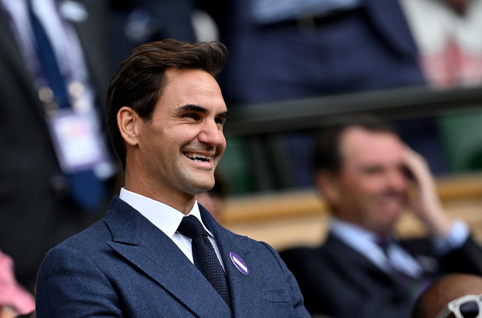 (250708) -- LONDON, July 8, 2025 (Xinhua) -- Roger Federer smiles after the men's singles round of 16 match between Novak Djokovic of Serbia and Alex De Minaur of Australia at the Wimbledon Tennis Championships in London, Britain, July 7, 2025. (Xinhua/Li Ying) Photo: Li Ying/XINHUA