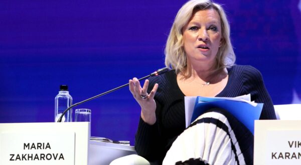 Maria Zakharova, Director of the Information and Press Department of the Ministry of Foreign Affairs of the Russian Federation seen during the plenary session "The gas market 2025-2035: new outlines in the context of transformation" on the St. Petersburg International Gas Forum, which is taking place at the Expoforum. - Maksim Konstantinov / SOPA Images//SOPAIMAGES_18200086/Credit:Maksim Konstantinov / SOP/SIPA/2510091838 Photo: Maksim Konstantinov / SOP/SIPA/SIPA PRESS