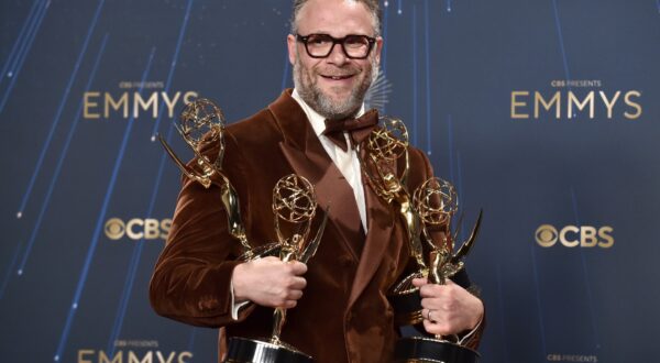 Seth Rogen poses in the press room after winning five Emmys for "The Studio" at the 77th Emmy Awards on Sunday, Sept. 14, 2025 at the Peacock Theater in Los Angeles. (Photo by Lisa O'Connor/Invision for the Television Academy/AP Content Services) 77th Emmy Awards - Press Room