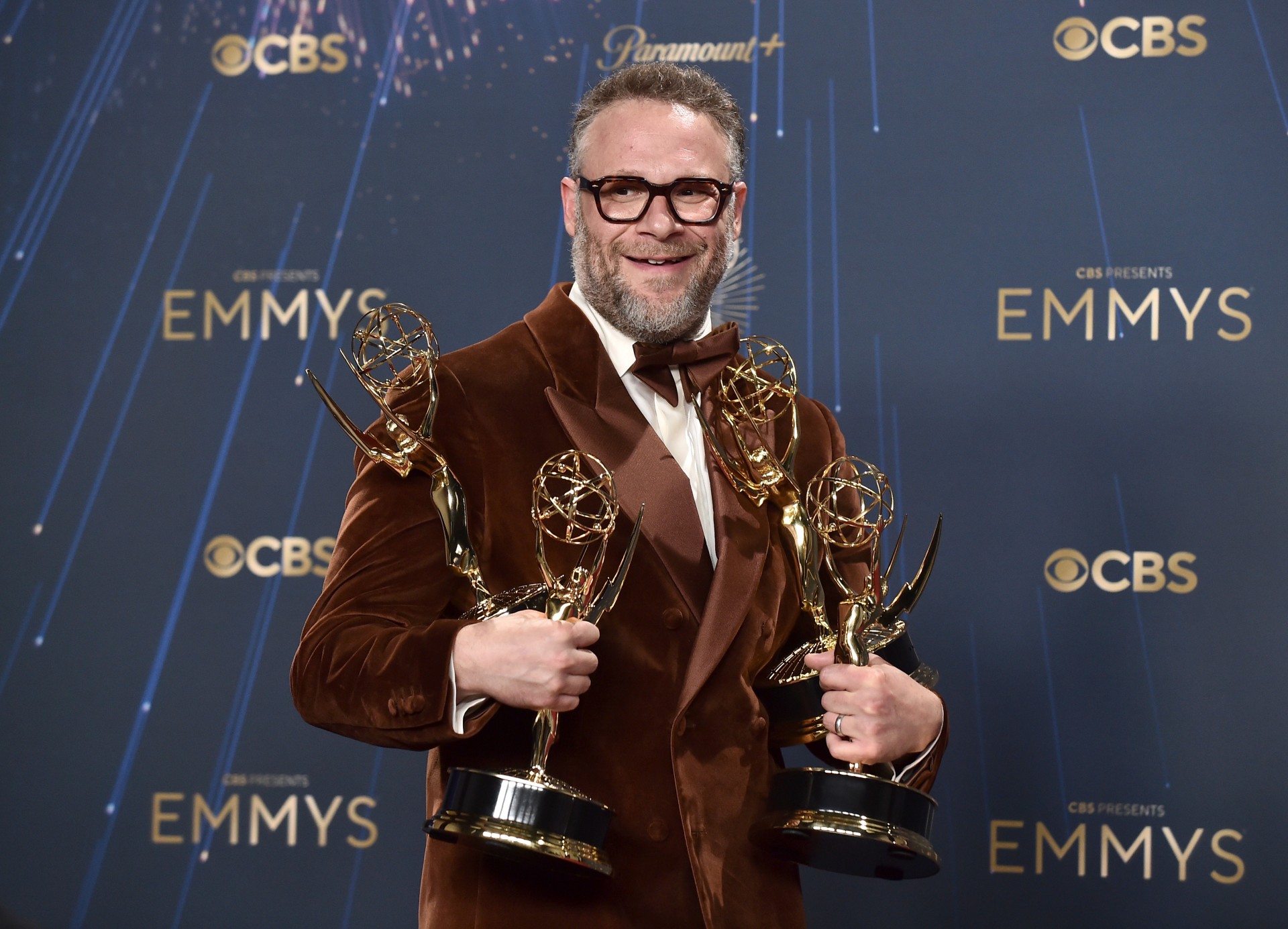 Seth Rogen poses in the press room after winning five Emmys for "The Studio" at the 77th Emmy Awards on Sunday, Sept. 14, 2025 at the Peacock Theater in Los Angeles. (Photo by Lisa O'Connor/Invision for the Television Academy/AP Content Services) 77th Emmy Awards - Press Room